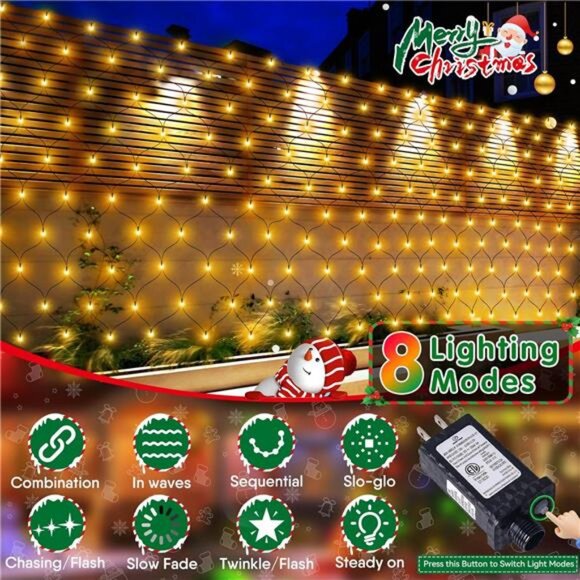 Christmas Net Lights, 280 LED Mesh Lights 9.8FT x 6.6FT 8 Modes Waterproof - Picture 2 of 7